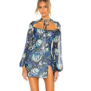 Kim Shui Butterfly silk chiffon mini dress blue black keyhole tie short Small